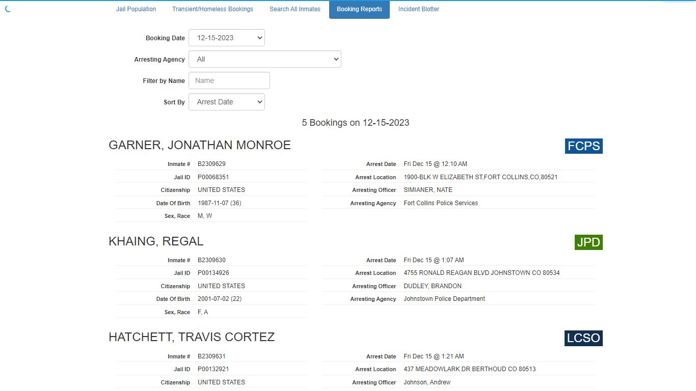 Booking Report - Larimer County Sheriff